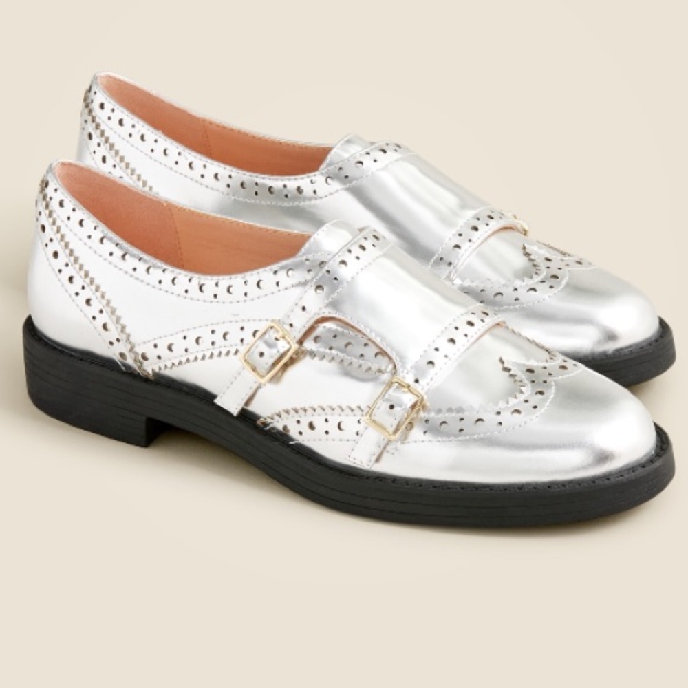 NWT J.Crew Monk-Strap Shoes in Metallic Leather